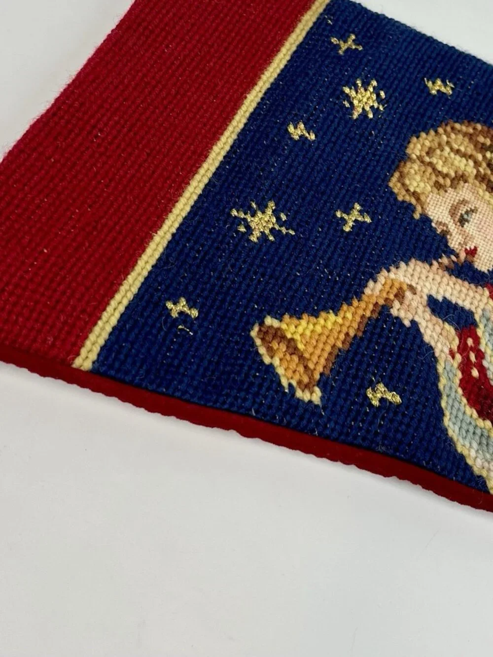 Vintage Imperial Elegance Wool Needlepoint Christmas Angel Stocking Velvet Red